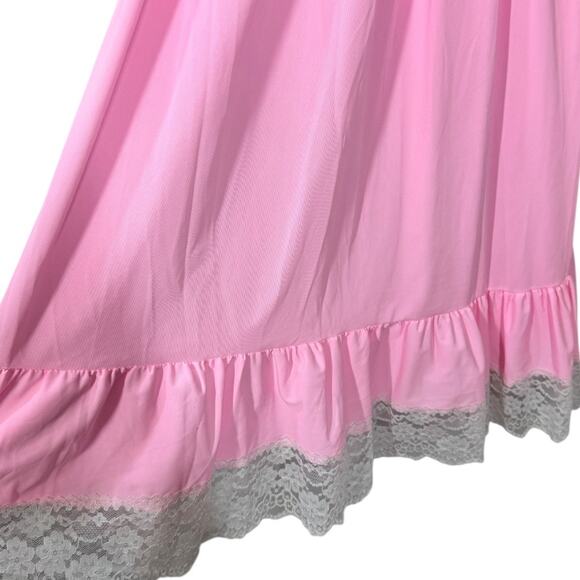 Vintage Perry Lingerie Nightgown Large Pink Silky Nylon Lace Trim Ruffle Long - Picture 5 of 7